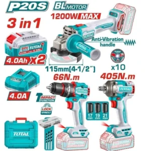 Kit Atornillador Percutor 66Nm + Amoladora 4.1/2" + Llave De Impacto 1/2", 2 Baterías 4.0Ah TCKLI20358-4