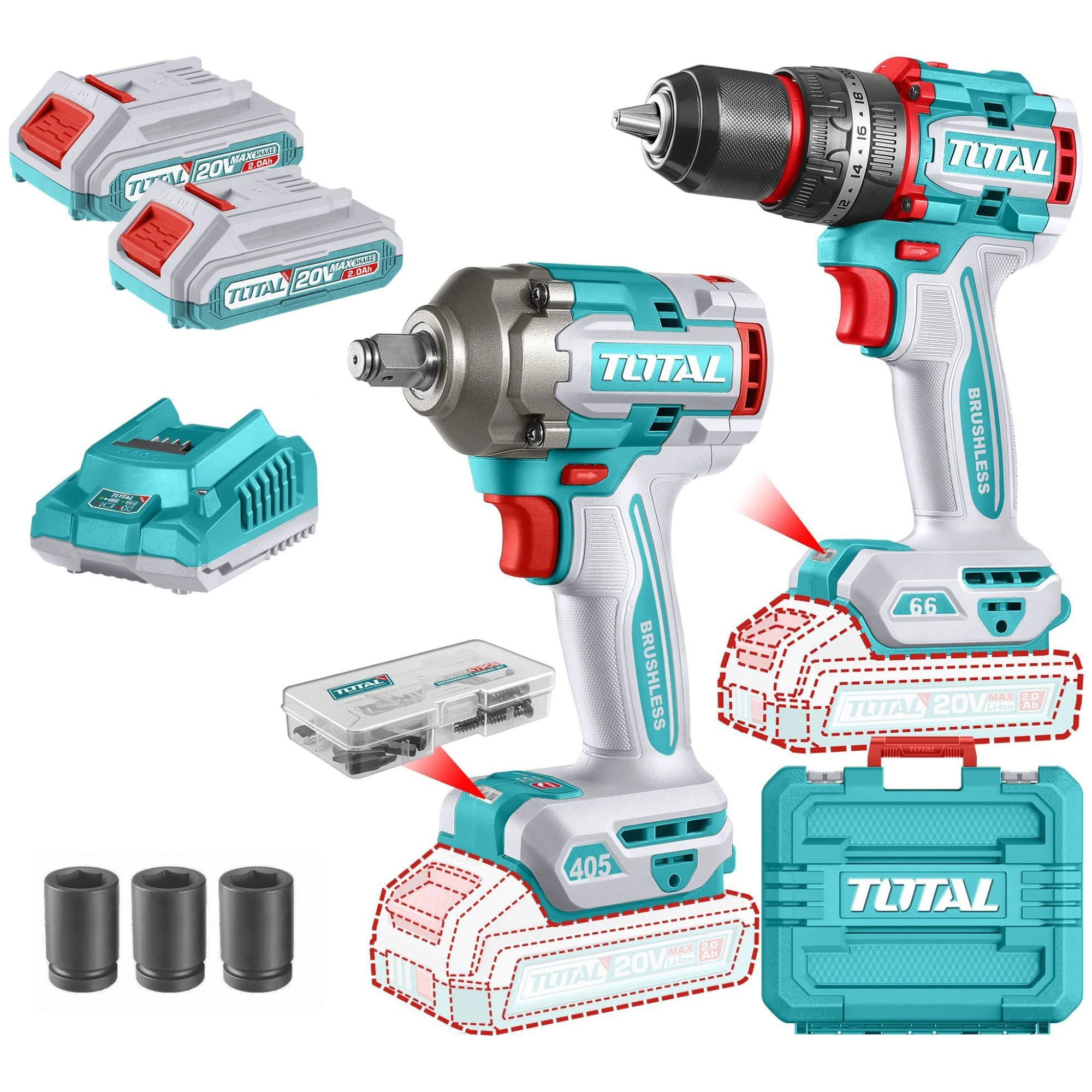 Kit Llave Impacto 1/2'' + Atornillador Con Percutor 66nm, 2 Baterías 2.0Ah TCKLI20286-4